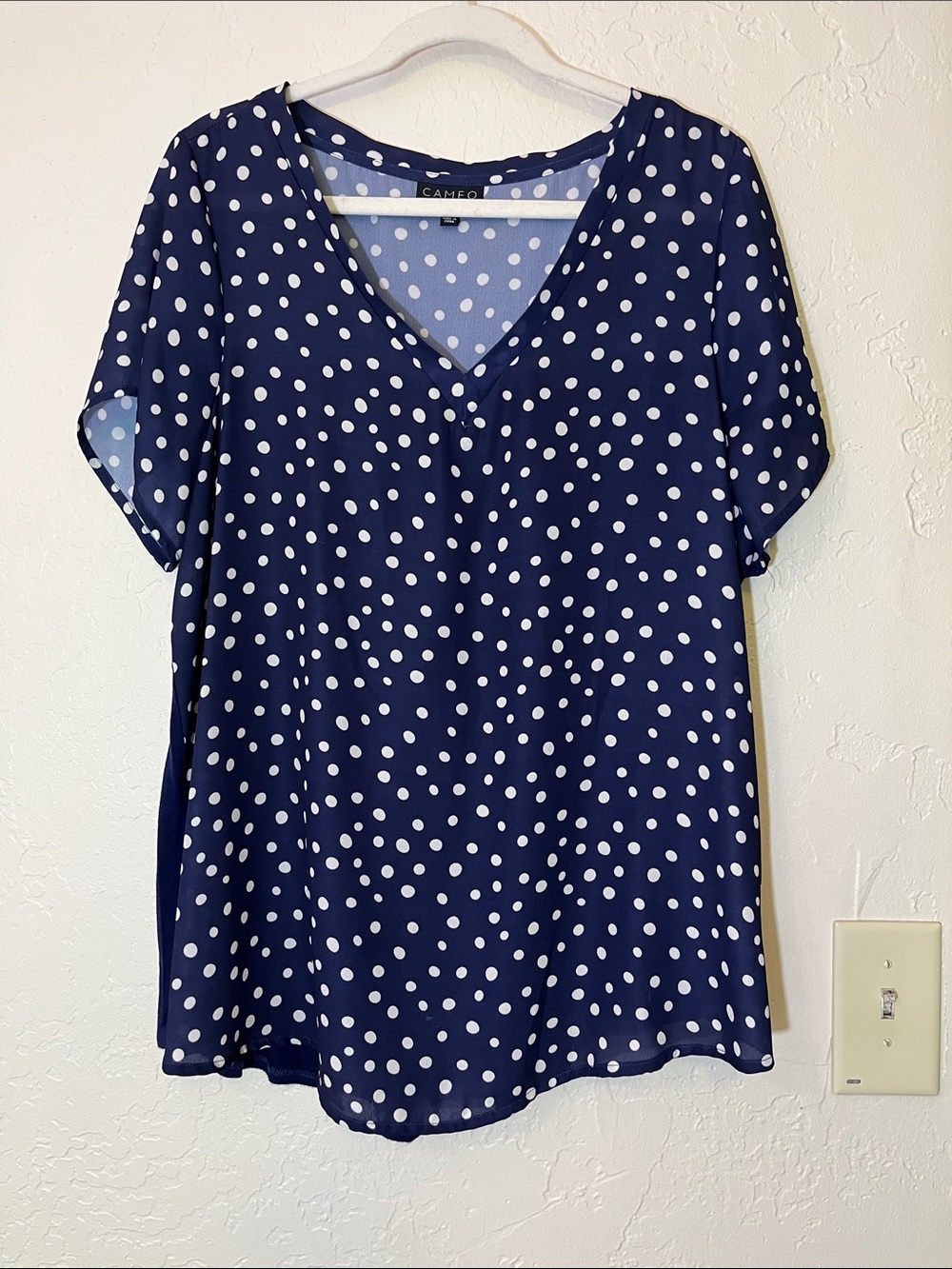 cameo Navy White Polka Dot V-Neck Blouse